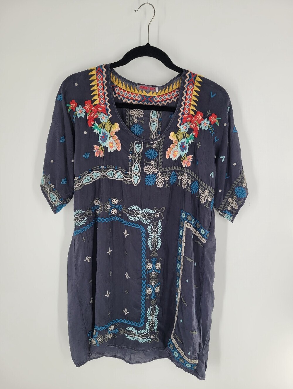 Johnny Was Embroidered V-Neck Floral Tunic Top - Dark Navy Size S Oversized